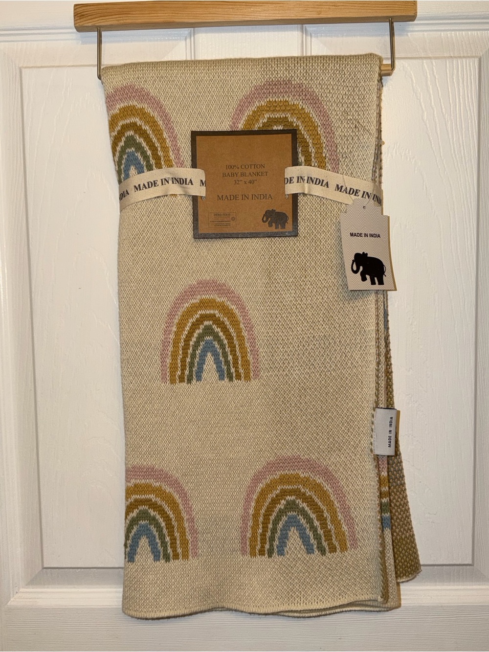 NWT 100% Cotton Knit Rainbow Baby Blanket Made in India 32” x 40”